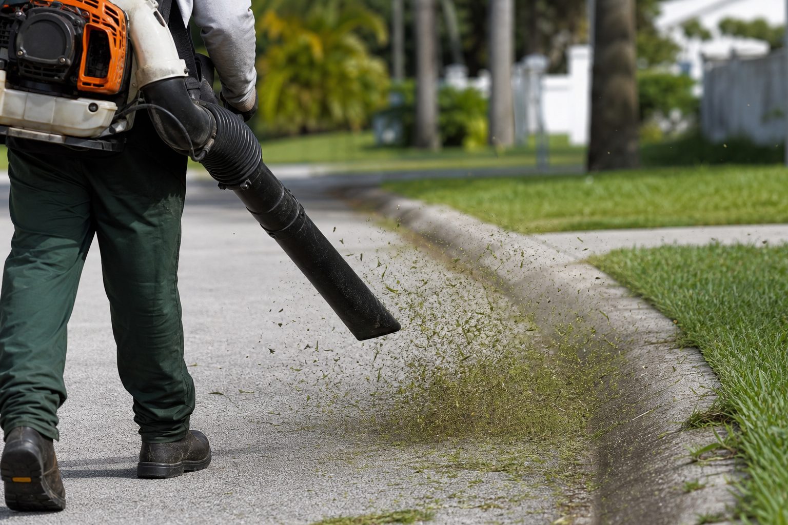 Leaf blower clearing grass clippings from a driveway