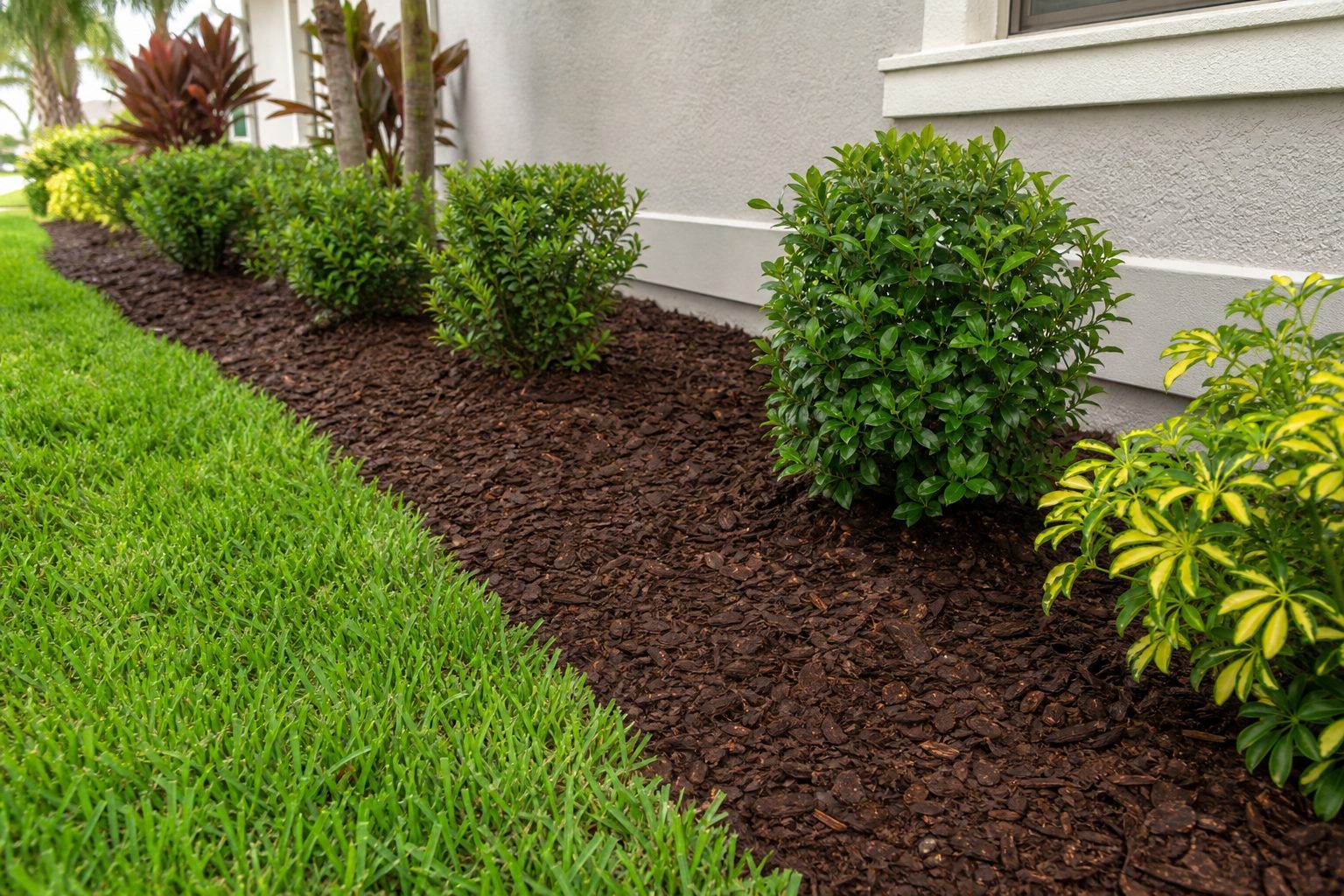 Fresh mulch bed with trimmed shrubs and a clean grass edge