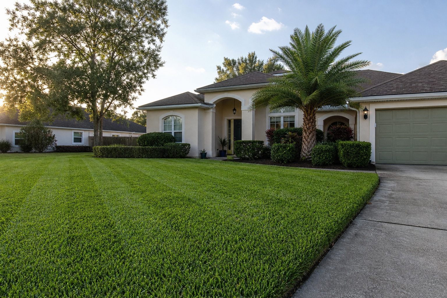 Freshly mowed Florida front yard with clean mowing stripes