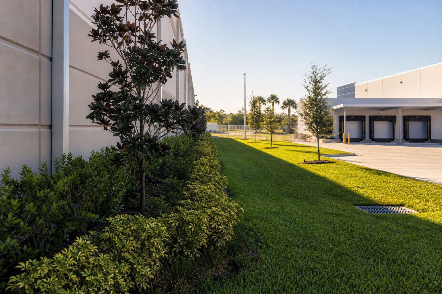 Commercial warehouse grounds with maintained turf and trimmed plantings